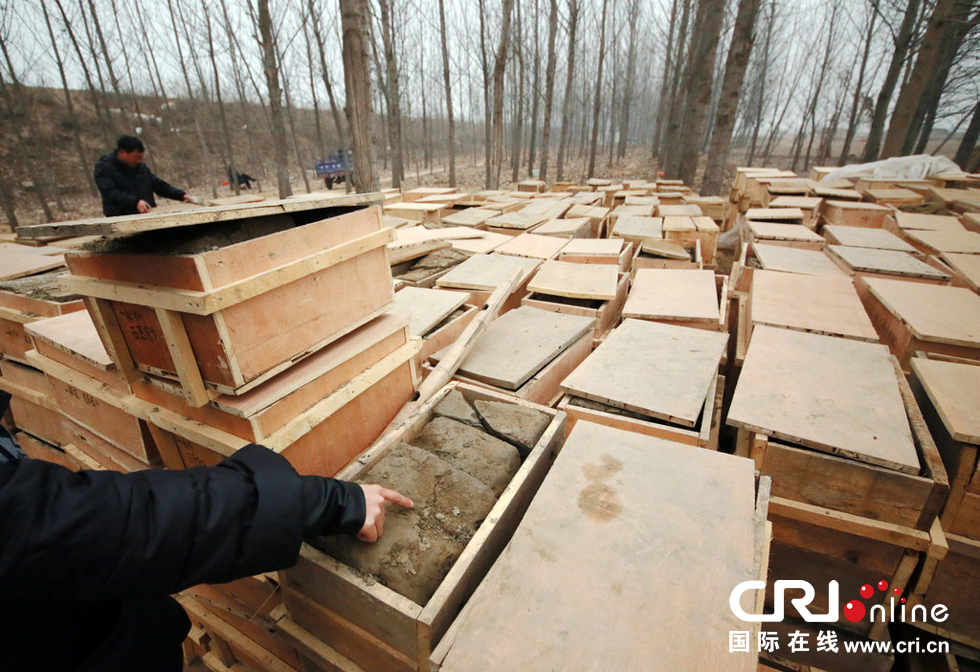 2014年1月6日，河南洛陽古沉船發(fā)掘現(xiàn)場，古船周圍和船上清理出來的青膏泥已被打包入箱。