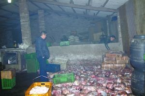  警方現(xiàn)場查獲的大量病死豬肉及“問題”腌臘制品。 沙區(qū)警方供圖