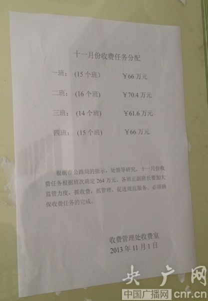 收費處辦公區(qū)張貼的收費任務分配表(央廣網(wǎng)記者 王利 攝) 收費處辦公區(qū)張貼的收費任務分配表(央廣網(wǎng)記者 王利 攝)