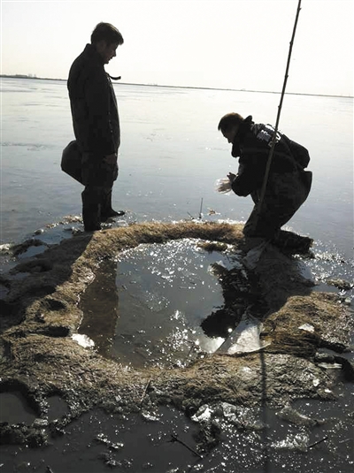 天津北大港濕地深處，警方對“毒池”液體取樣?！? width=