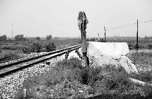 6月30日， 農(nóng)戶用搭建的窩棚和電線桿阻擋了鐵路的施工。新華社發(fā)