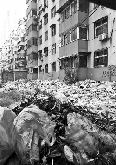 透過(guò)擋板縫向內(nèi)看，30多米垃圾已經(jīng)將居民樓包圍。