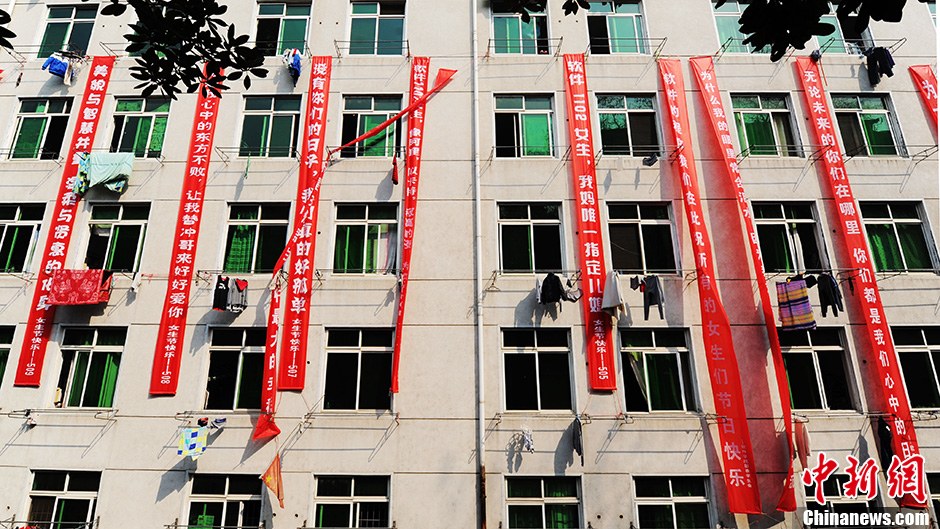 圖為男生宿舍掛起的二十多條橫幅。