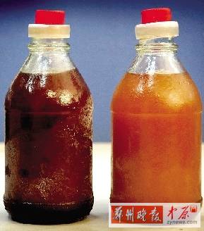 兩種油的顏色差別很大。（左為真）