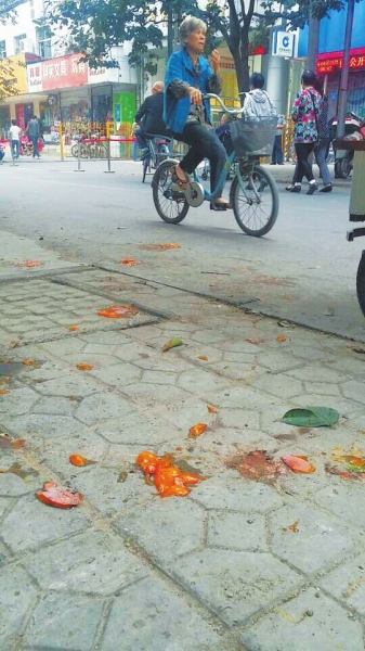 爛了一地的柿子影響市容,還常?;谷恕? alt=
