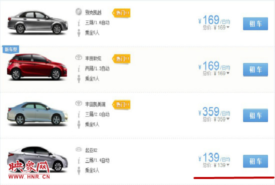 平時(shí)部分汽車租車價(jià)格。