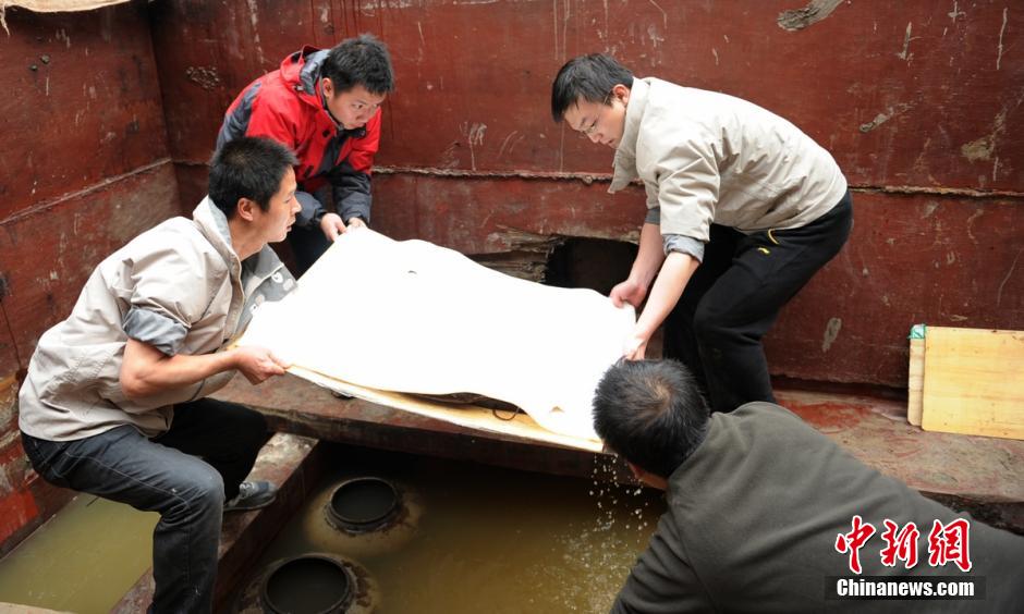 圖為考古現(xiàn)場工作人員小心翼翼將文物取出。