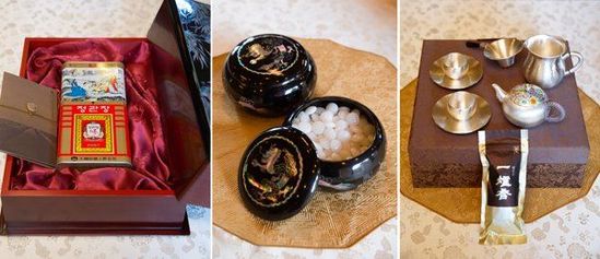　當(dāng)?shù)貢r(shí)間2014年7月4日，韓國總統(tǒng)樸槿惠向中國國家主席習(xí)近平贈(zèng)送的紅參和茶具等。