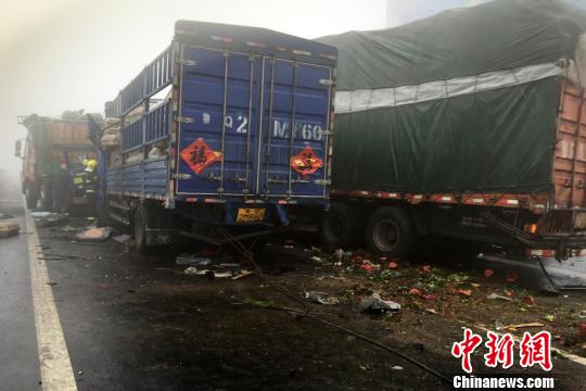 圖為21日，蘭南高速河南段車(chē)禍?zhǔn)鹿尸F(xiàn)場(chǎng)一片狼藉?！」啤z