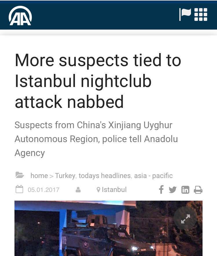香港東網(wǎng)1月5日晚間報道稱，土耳其伊斯坦布爾元旦恐襲才發(fā)生數(shù)日，西部城市伊茲密爾周四發(fā)生汽車炸彈襲擊，至少11人受傷，當(dāng)中1人重傷，有目擊者稱現(xiàn)場傳出槍聲，警方證實4人死亡，包括2名行兇者及1名警員和法院職員。事發(fā)后不久，土耳其國營媒體阿納多盧通訊社報道稱，該國警察拘押了幾人，他們是來自中國。